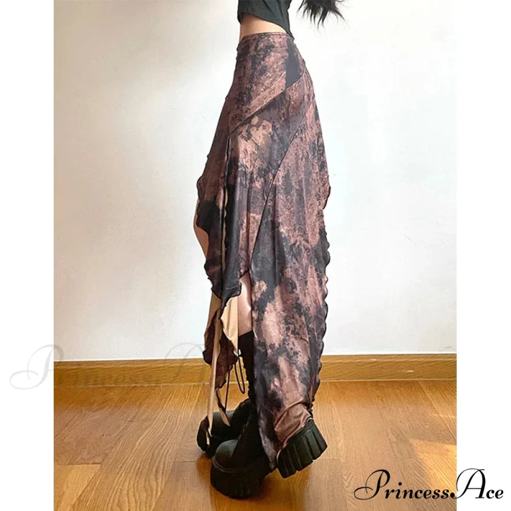 Irregular Midi Skirt Vintage Boho Frills Print Skirt skirt-250126