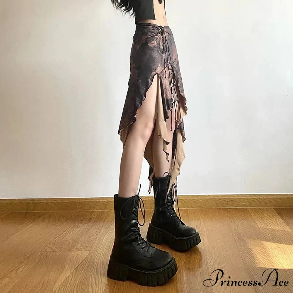 Irregular Midi Skirt Vintage Boho Frills Print Skirt skirt-250126