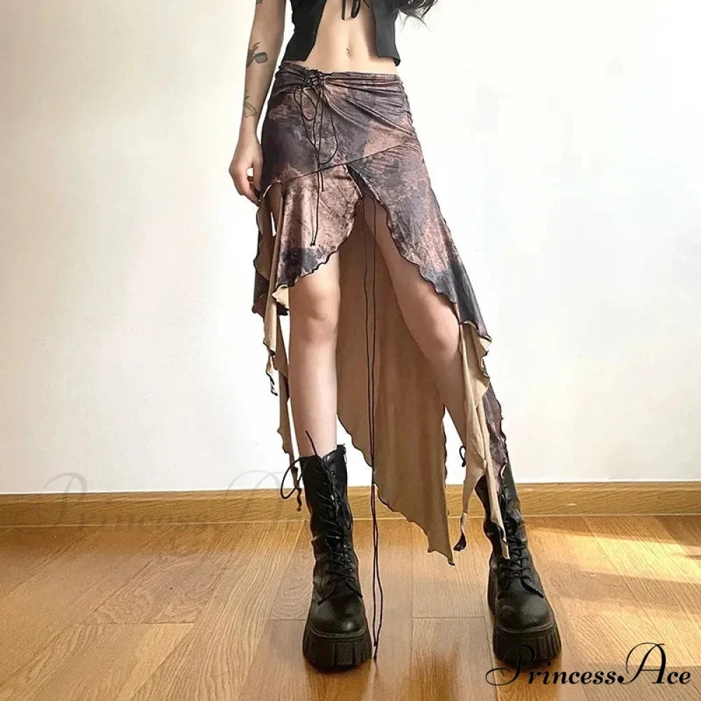 Irregular Midi Skirt Vintage Boho Frills Print Skirt Picture Color / S skirt-250126