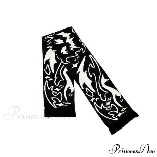 Irregular Pattern Jacquard Y2K Gothic Grunge Tassel Scarf Black / 180x25cm