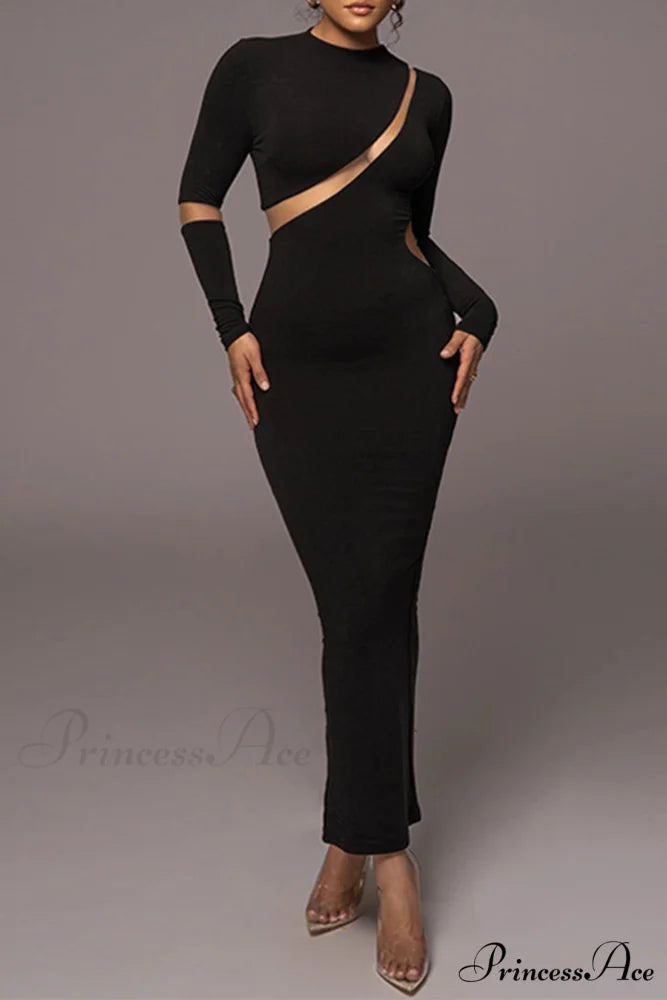 Irregular Slit Long Sleeve Dress Black / M