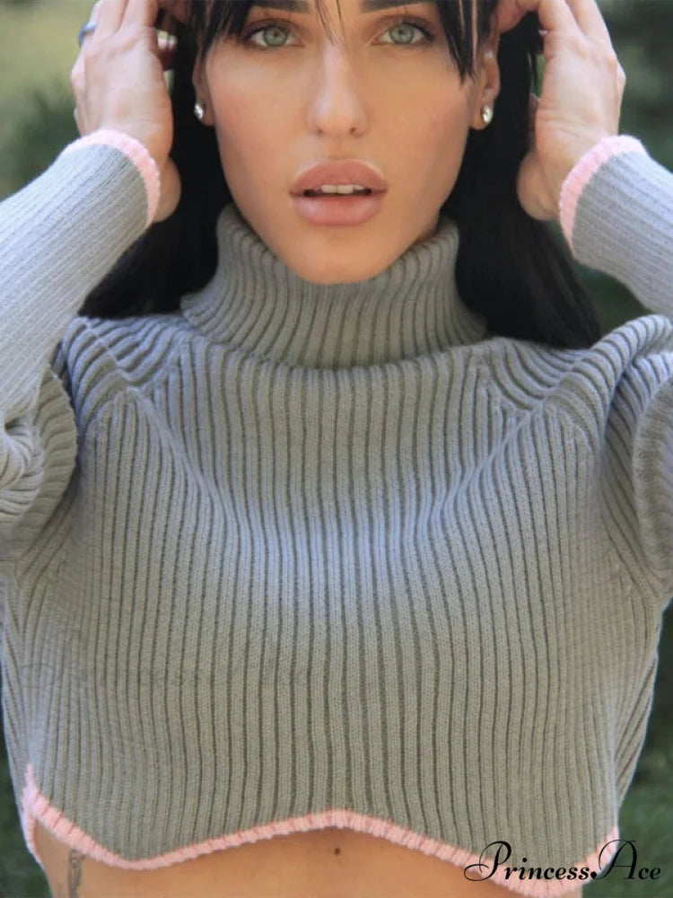 irregular sweater with hem turtleneck top short sleeve turtle long Women’s crop neck