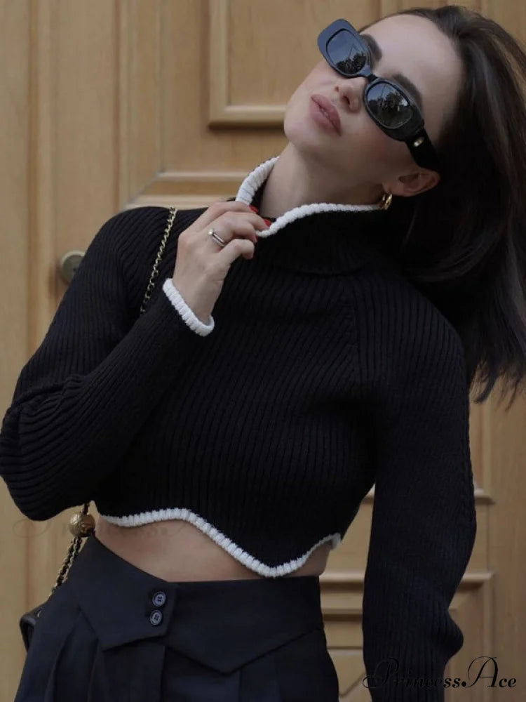irregular sweater with hem turtleneck top short sleeve turtle long Women’s crop neck