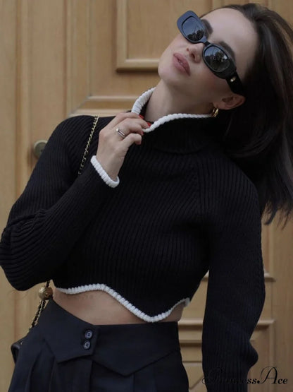 irregular sweater with hem turtleneck top short sleeve turtle long Women’s crop neck