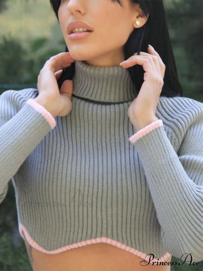 irregular sweater with hem turtleneck top short sleeve turtle long Women’s crop neck