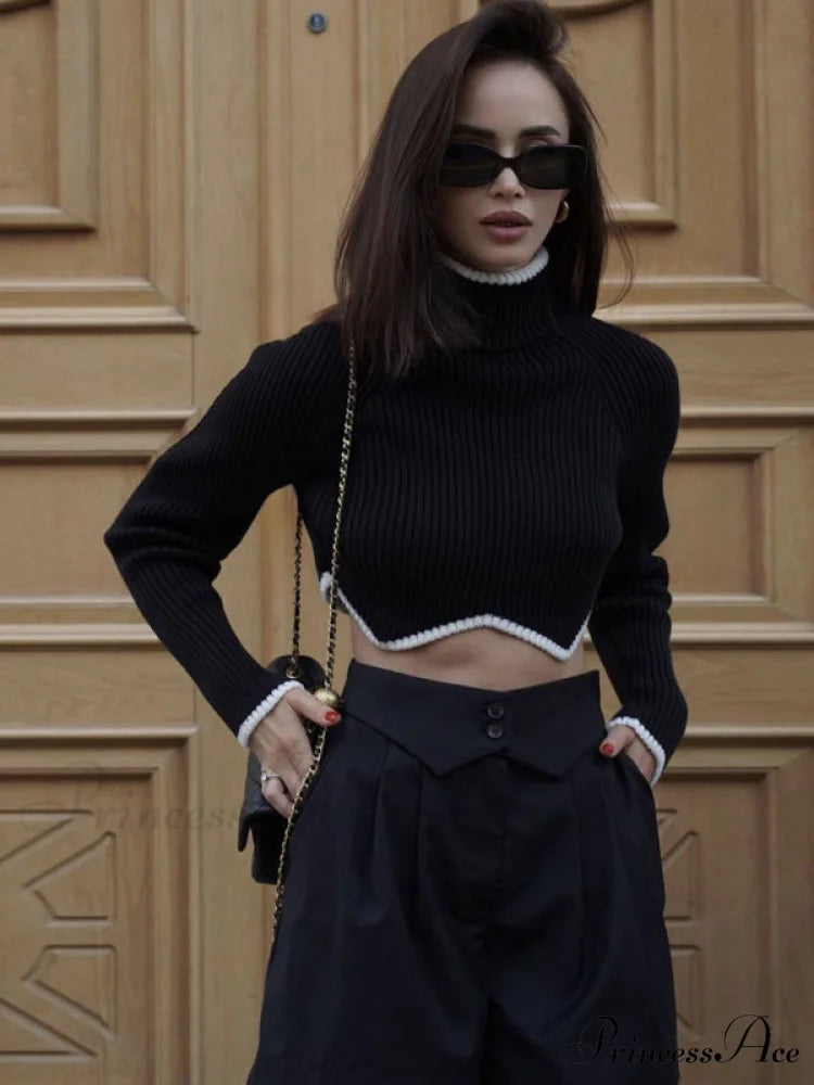 irregular sweater with hem turtleneck top short sleeve turtle long Women’s crop neck