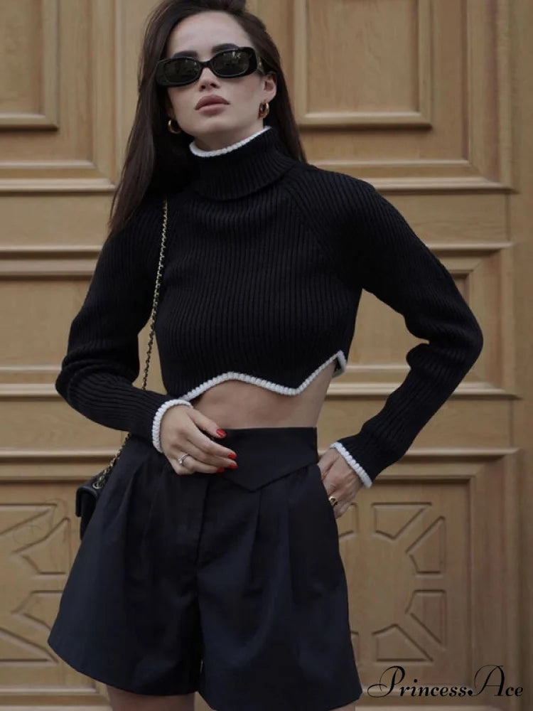 irregular sweater with hem turtleneck top short sleeve turtle long Women’s crop neck Black / S