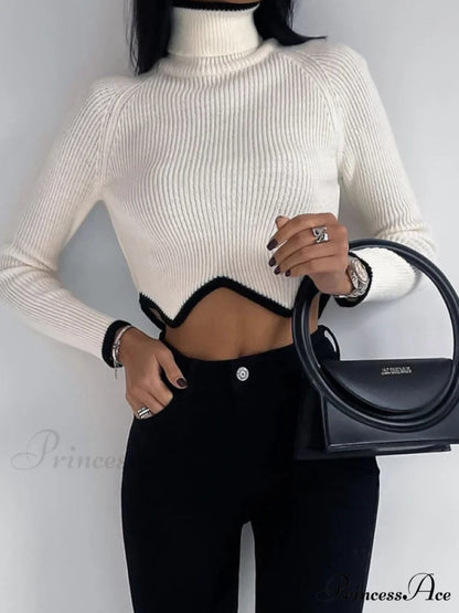 irregular sweater with hem turtleneck top short sleeve turtle long Women’s crop neck Raw white off white / S