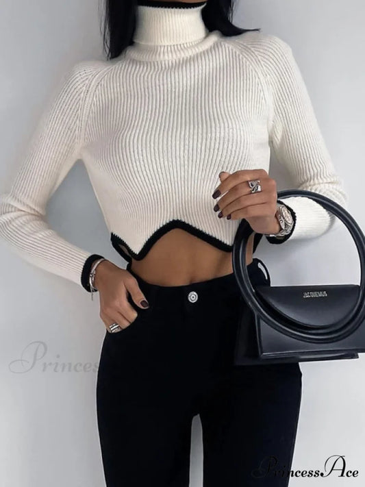 irregular sweater with hem turtleneck top short sleeve turtle long Women’s crop neck Raw white off white / S
