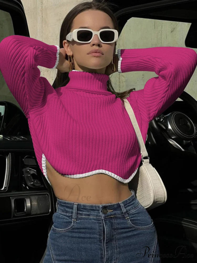 irregular sweater with hem turtleneck top short sleeve turtle long Women’s crop neck Rose / S