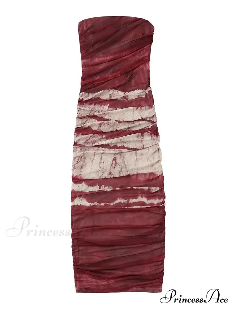 Irregular Tie Dyeing Print Tube for Women Summer Beach Party Clubwear Strapless Off Shoulder Ruched Dress