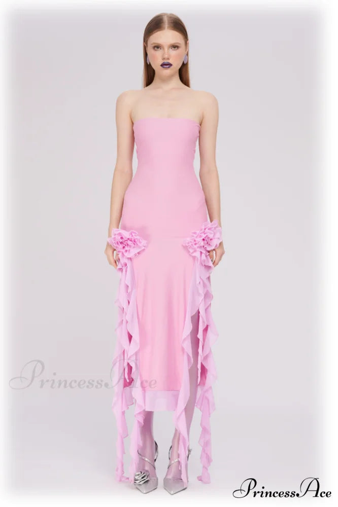 Irregular Tulle Stylish Bandeau Dress S / Pink