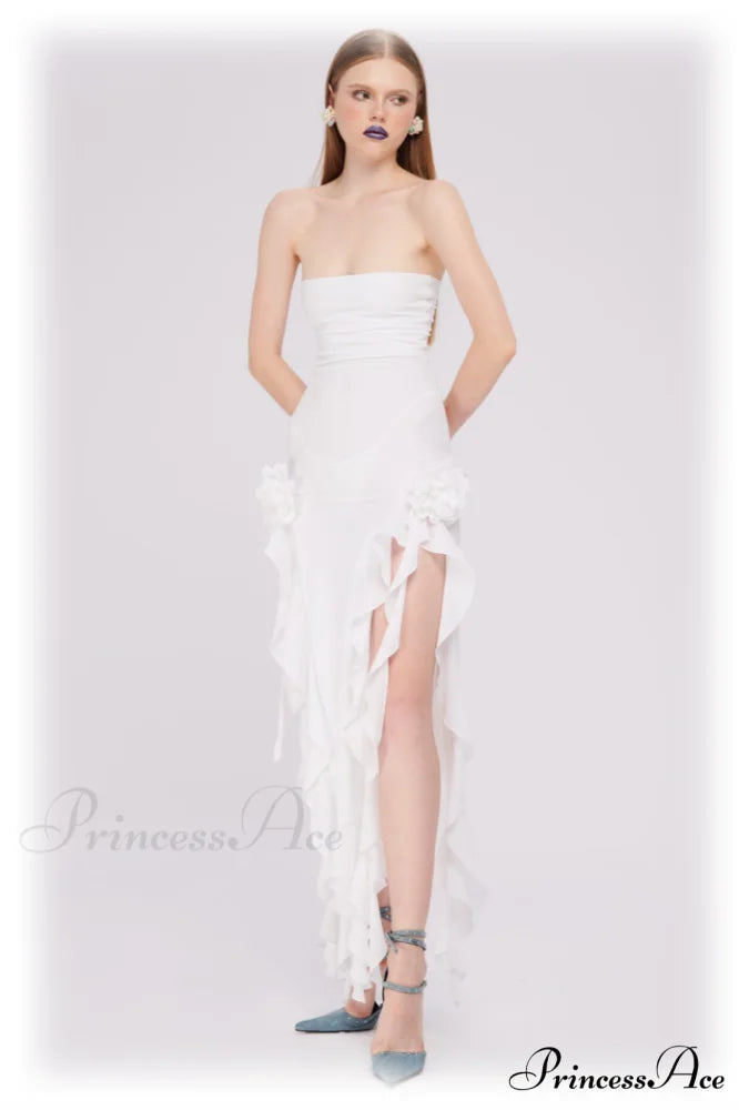 Irregular Tulle Stylish Bandeau Dress S / White