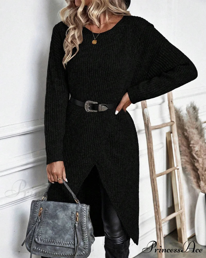 irregular with Solid color sweater dress hem