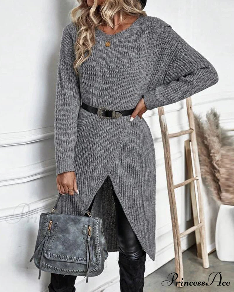 irregular with Solid color sweater dress hem