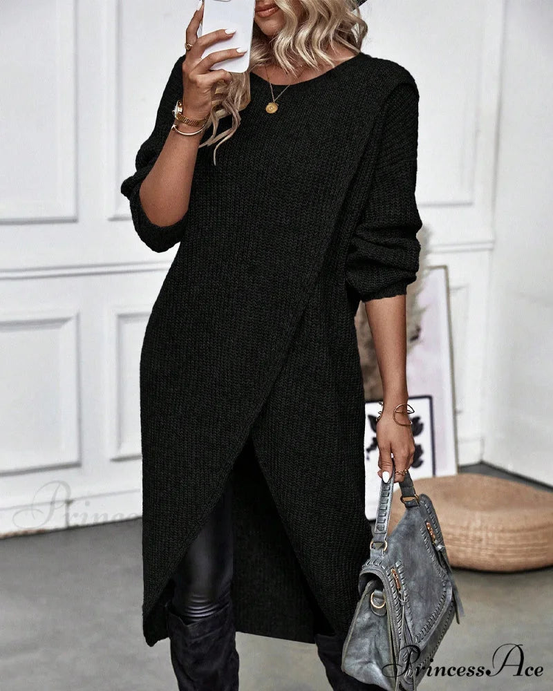 irregular with Solid color sweater dress hem Black / S