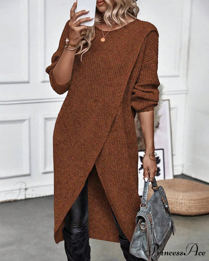 irregular with Solid color sweater dress hem Brown / S