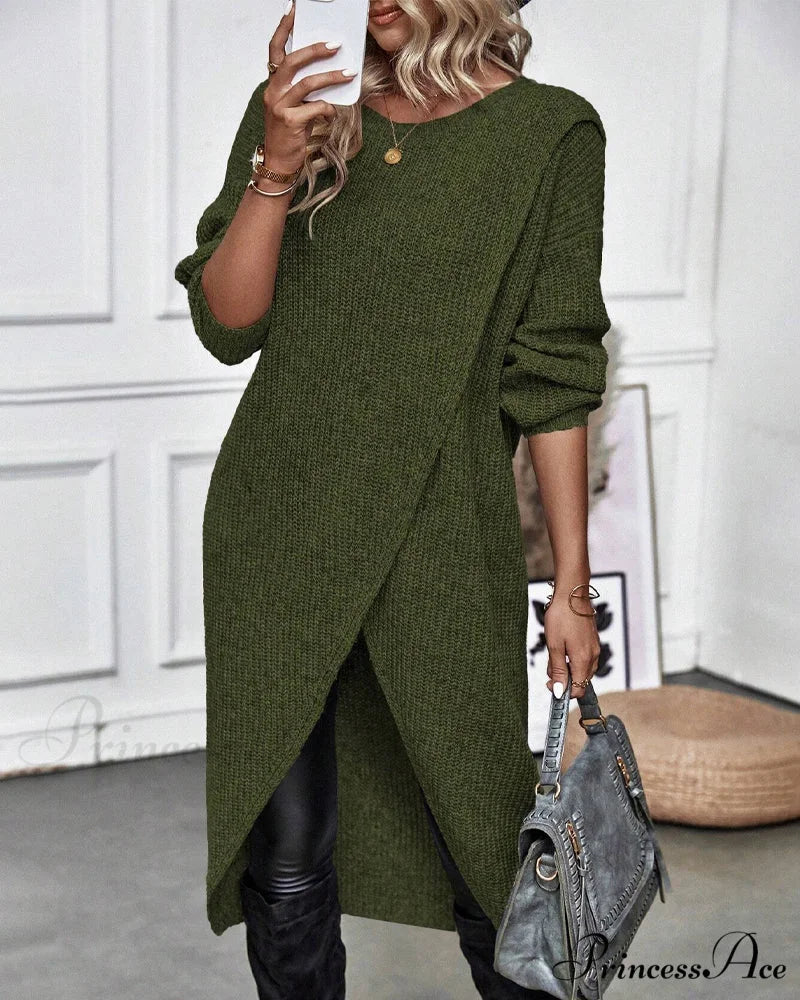 irregular with Solid color sweater dress hem Green / S