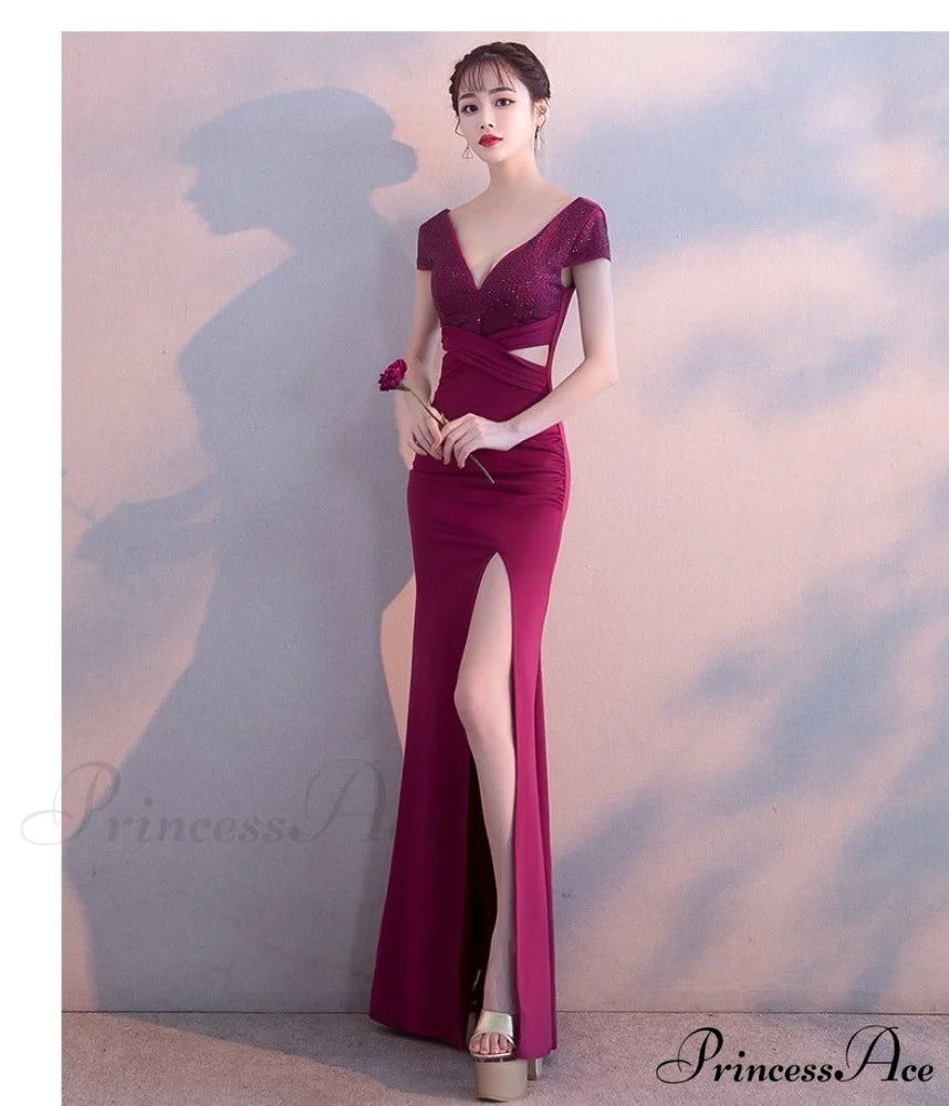 Isabella Formal Stylish High Slit Dress BURGUND / XS