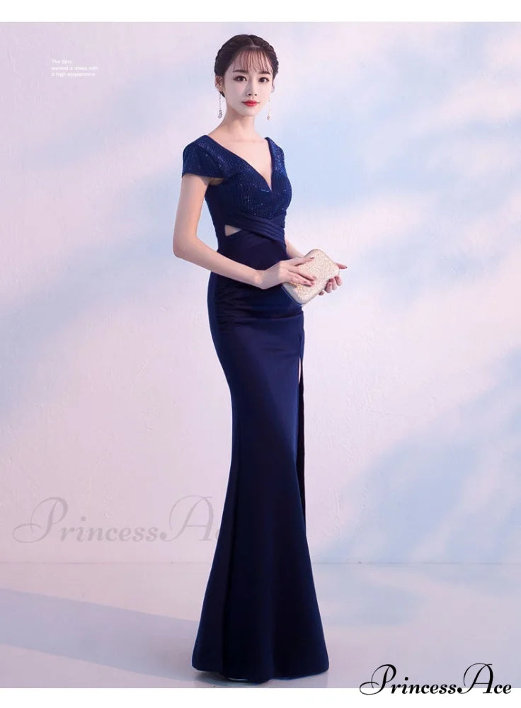 Isabella Formal Stylish High Slit Dress NAVY / XS