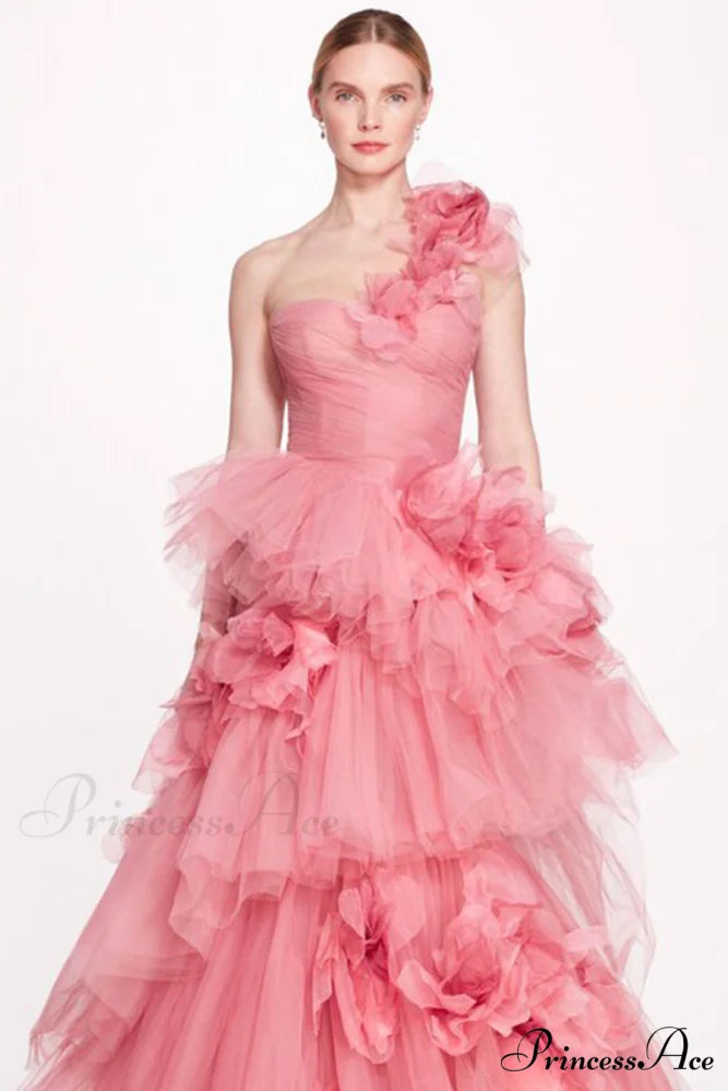 Isabella One-shoulder 3D Trendy Floral Soft Tulle Gown