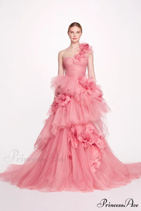 Isabella One-shoulder 3D Trendy Floral Soft Tulle Gown Pink / 2