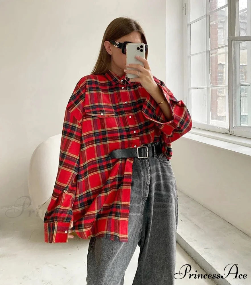 ISKRA Elegant OVERSIZED SHIRT Red / S