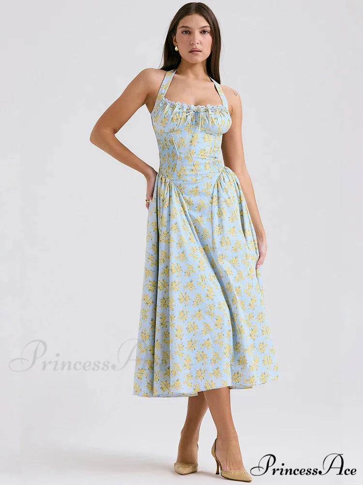 Isolde Floral Stylish Midi Dress S / Blue with Yellow Flowers