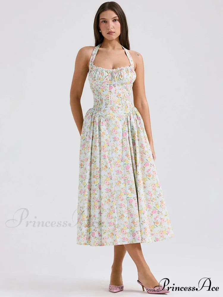 Isolde Floral Stylish Midi Dress S / Light Blue with Pink Flowers