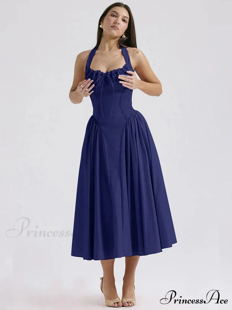 Isolde Floral Stylish Midi Dress S / Navy Blue