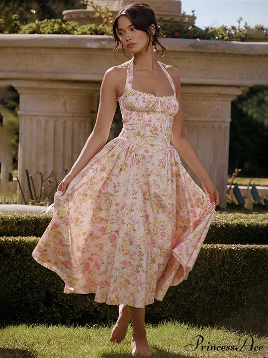 Isolde Floral Stylish Midi Dress S / Pink