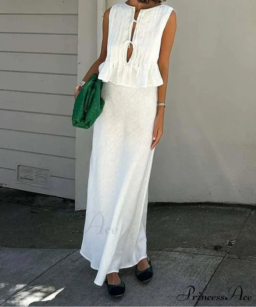 Ivory Cotton Lace-Up Ankle Skirt Workplace Two Piece Set WHITE / S officetwopieceset-250223
