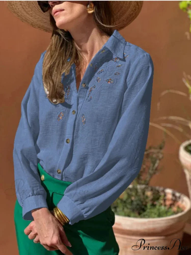 Ivory Cotton Linen Lace Floral Embroidery Boho Top Blue / M bohoblouse-250126