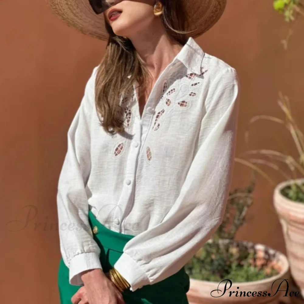 Ivory Cotton Linen Lace Floral Embroidery Boho Top bohoblouse-250126