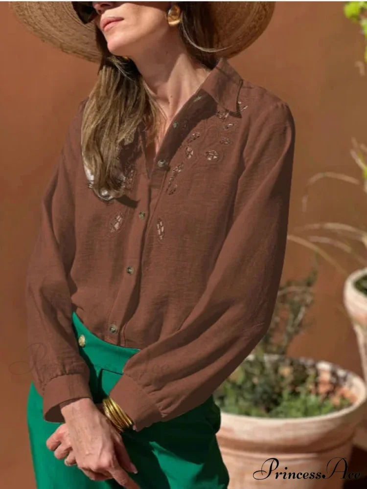 Ivory Cotton Linen Lace Floral Embroidery Boho Top Coffee / M bohoblouse-250126