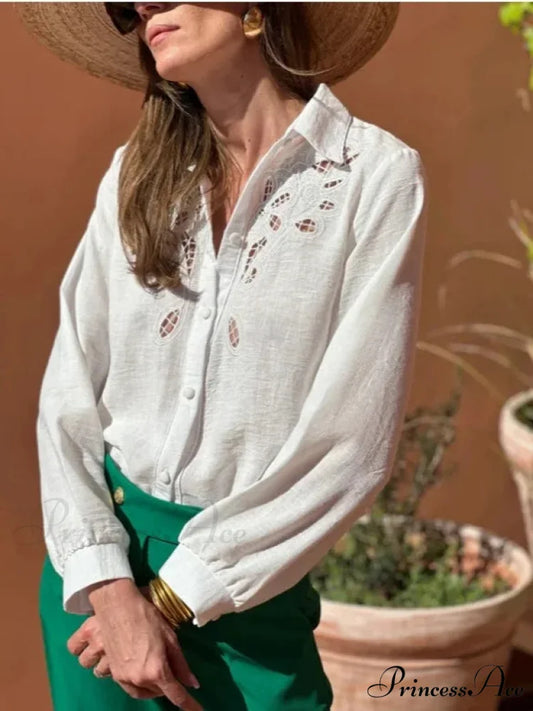 Ivory Cotton Linen Lace Floral Embroidery Boho Top Ivory / M bohoblouse-250126