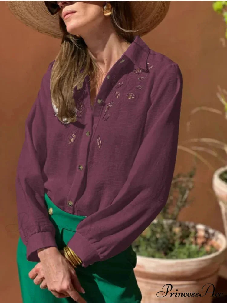 Ivory Cotton Linen Lace Floral Embroidery Boho Top Maroon / M bohoblouse-250126