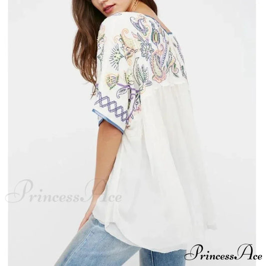Ivory Cotton Rayon Beaded Floral Embroidered Bohemian Top bohoblouse-250126
