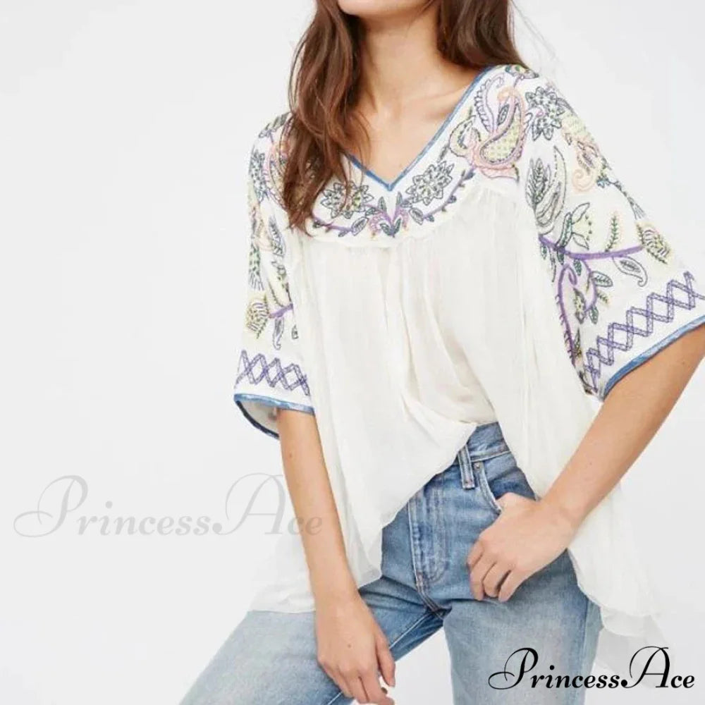 Ivory Cotton Rayon Beaded Floral Embroidered Bohemian Top bohoblouse-250126