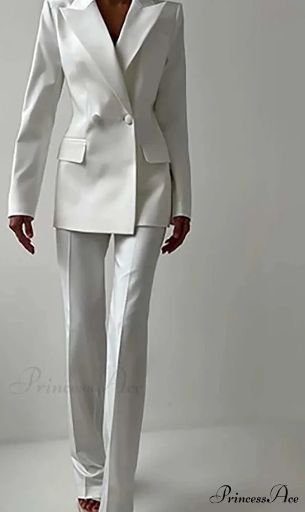 Ivory Dual Buttoned Straight Pants Workplace Two Piece Ensemble WHITE / S officetwopieceset-250223