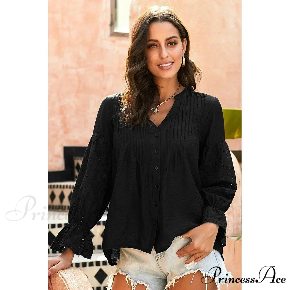 Ivory Extended Sleeve Lace Baggy Plunging Neckline Bohemian Top Black / S bohoblouse-250126