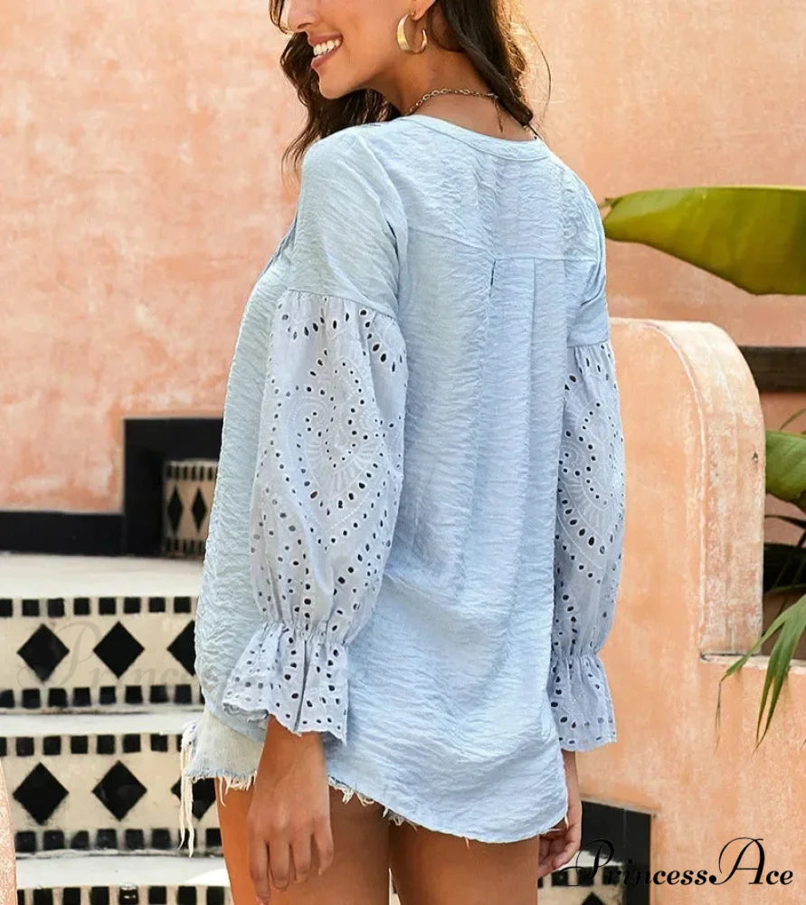 Ivory Extended Sleeve Lace Baggy Plunging Neckline Bohemian Top bohoblouse-250126