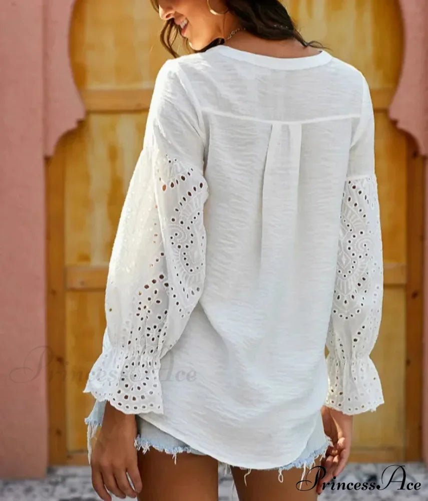 Ivory Extended Sleeve Lace Baggy Plunging Neckline Bohemian Top bohoblouse-250126