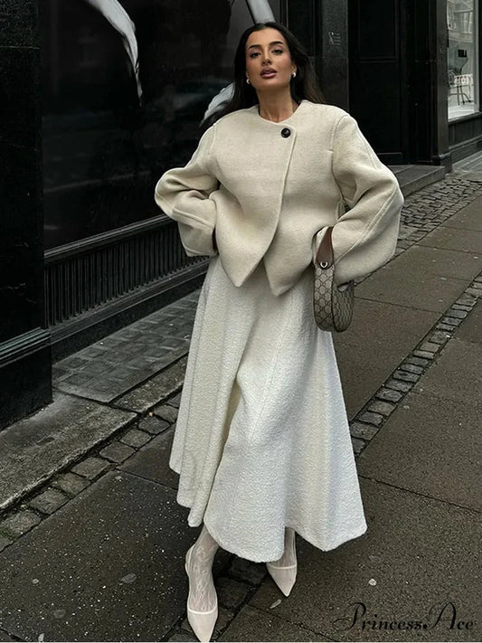 Ivory Extended Sleeve Woolen Overcoat White / S coats-241228