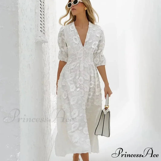 Ivory Flowery Lace Bohemian Dress White / S bohodress-250126