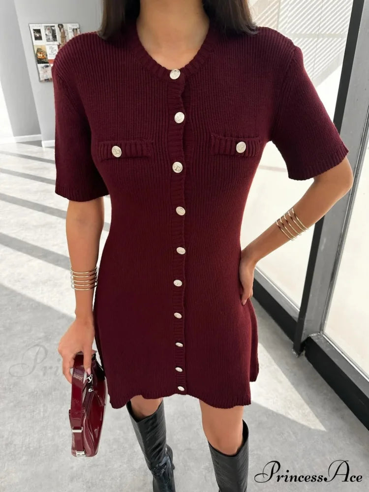 Ivory Knitted Pocket Mini Dress Burgundy / S minidress-250223
