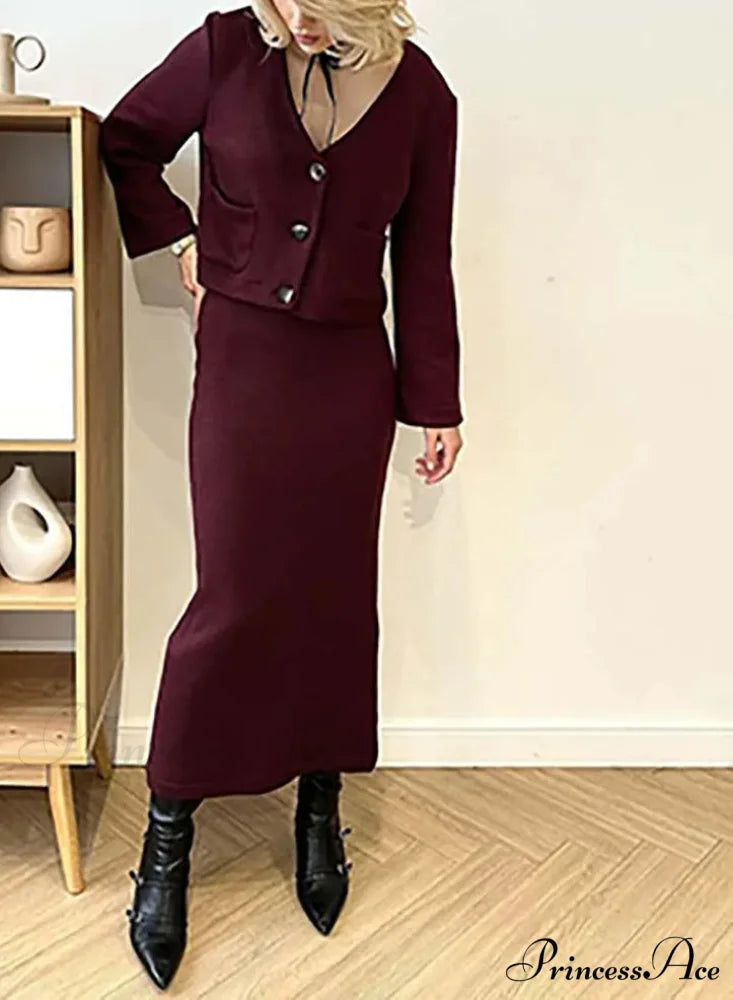 Ivory Knitted V-Neck Tailored Skirt Professional Duo Set Claret / S officetwopieceset-250223