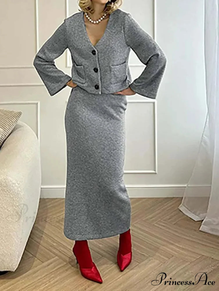 Ivory Knitted V-Neck Tailored Skirt Professional Duo Set GRAY / S officetwopieceset-250223