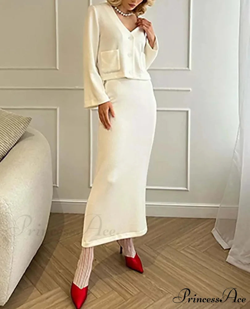 Ivory Knitted V-Neck Tailored Skirt Professional Duo Set WHITE / S officetwopieceset-250223