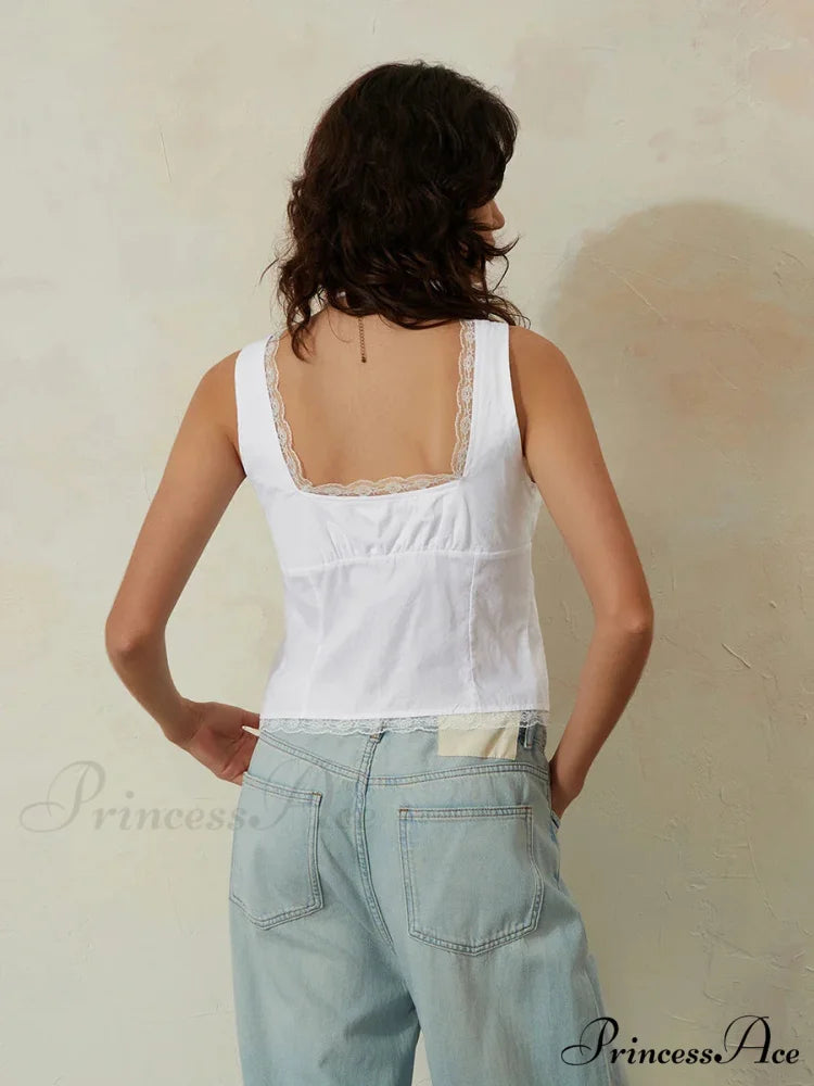 Ivory Lace Bind-front Low-cut Slim Sleeveless Crop Top croptop-250126